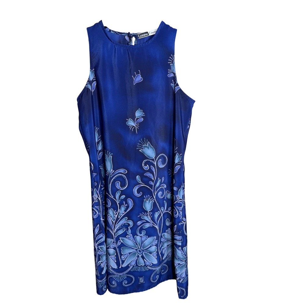 California Concepts Blue Floral Border Print Sleeveless Satin Shift Dress